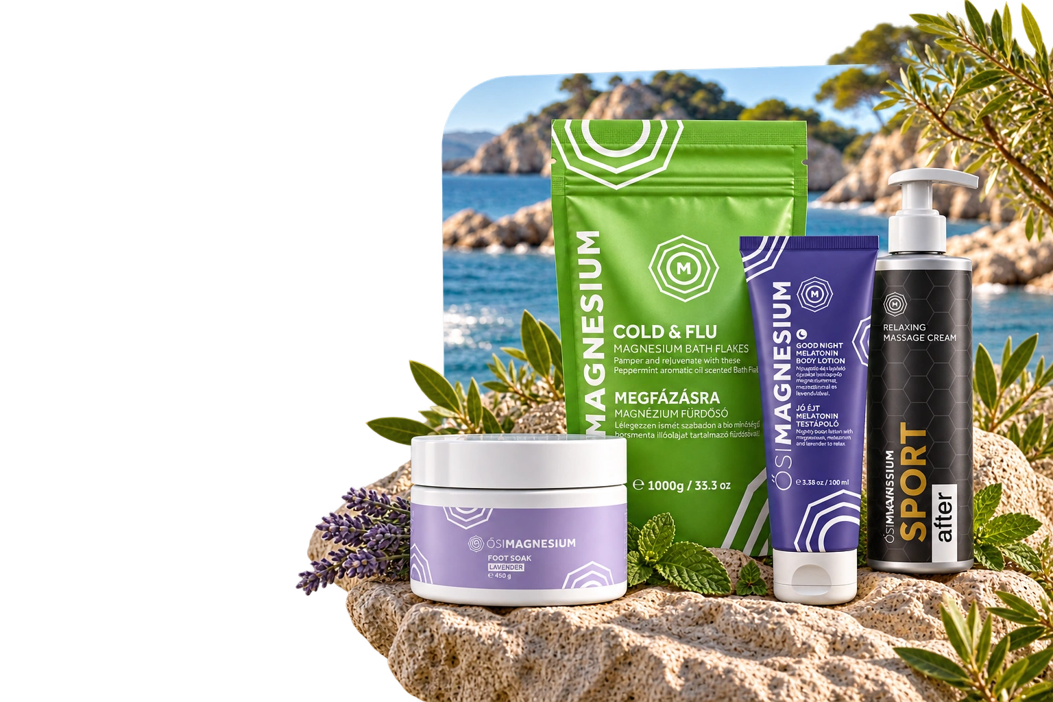 Produkty Ősi Magnesium: krem CBD, płatki magnezowe i sól, na tle morskiego wybrzeża.